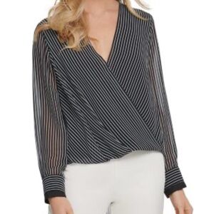 DKNY Black and White Striped Wrap-Front Blouse